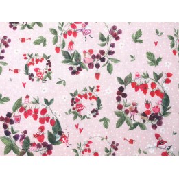 acufactum Baumwollstoff Himbeerkränze Elfen Wichtel Blumen Beeren Kinderstoff Patchworkstoff Sommer