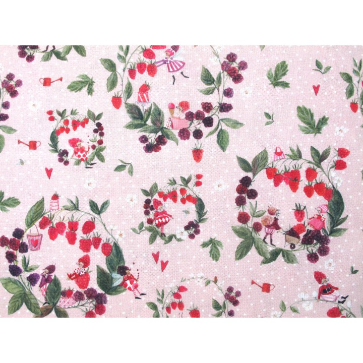 acufactum Baumwollstoff Himbeerkränze Elfen Wichtel Blumen Beeren Kinderstoff Patchworkstoff Sommer