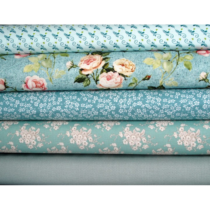 Patchwork Stoffpaket Blumenstoffe Rosen Baumwolle Pünktchen türkis 75017