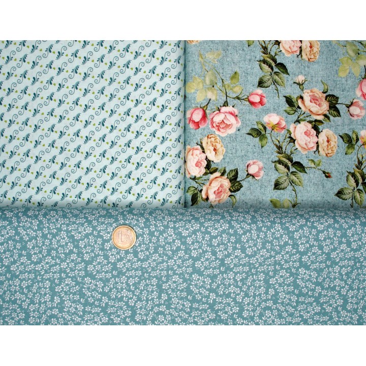 Patchwork Stoffpaket Blumenstoffe Rosen Baumwolle Pünktchen türkis 75017