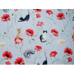 Westfalenstoff Baumwolle Meterware Tierstoff Katzen Blumen Mohn Patchwork Catwalk