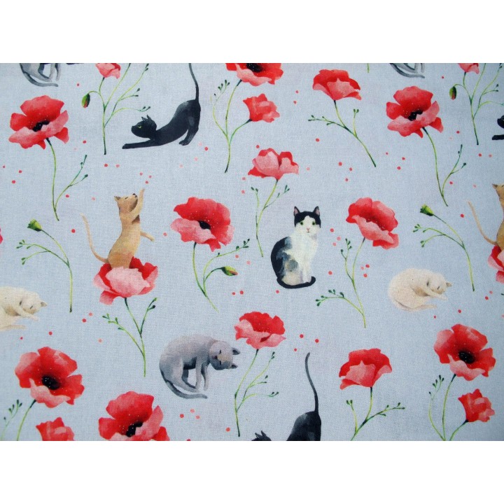 Westfalenstoff Baumwolle Meterware Tierstoff Katzen Blumen Mohn Patchwork Catwalk