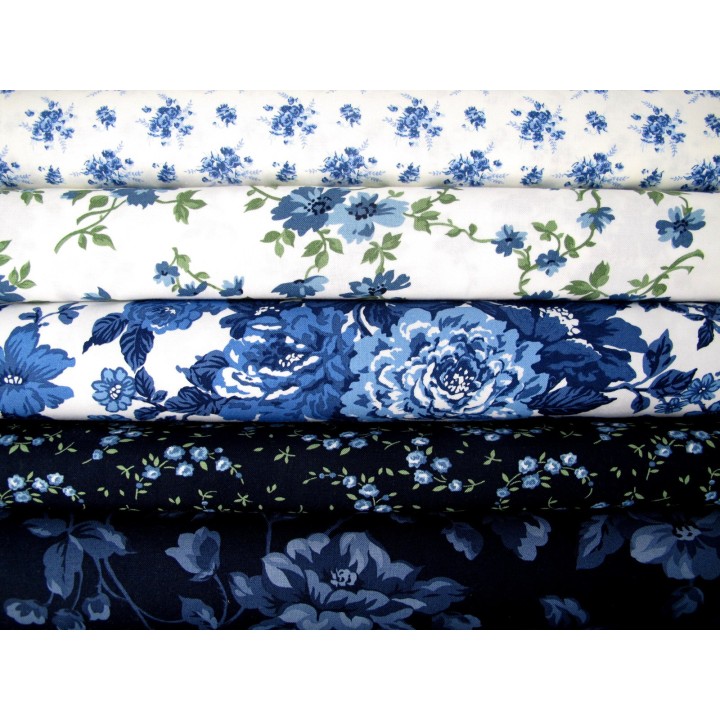 Patchwork Stoffpaket dunkelblau Rosen Blumen Baumwolle