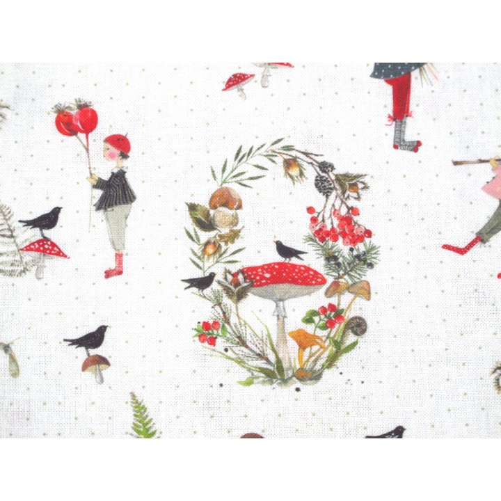 Stoff acufactum Baumwolle Herbststoff Patchworkstoff Kinderstoff Pilze Vögel Farn Hagebutten