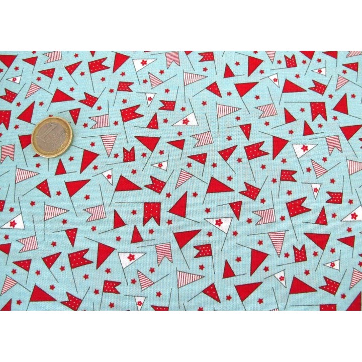 Designerstoff Wimpel Fahnen rot blau Wishes Patchworkstoff