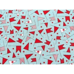 Designerstoff Wimpel Fahnen rot blau Wishes Patchworkstoff